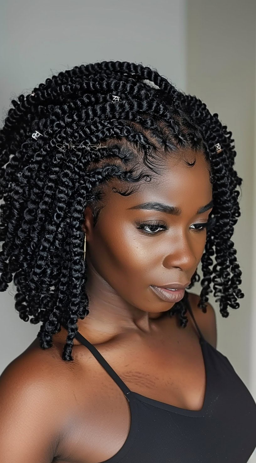 Short passion twists styled in bouncy, defined curls on a woman with delicate hair accessories.