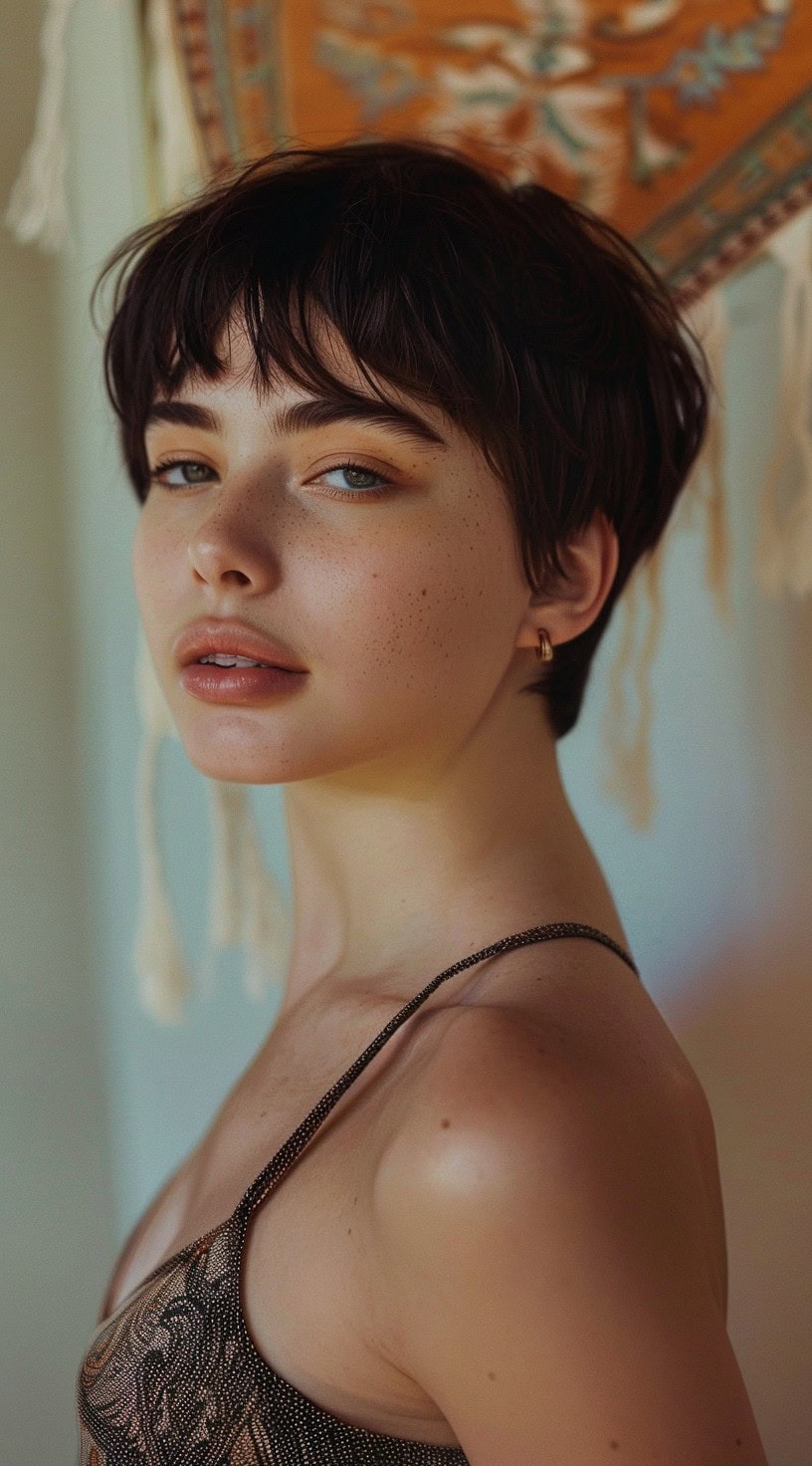 Young woman with a short pixie cut and wispy bangs, posing in an indoor setting.