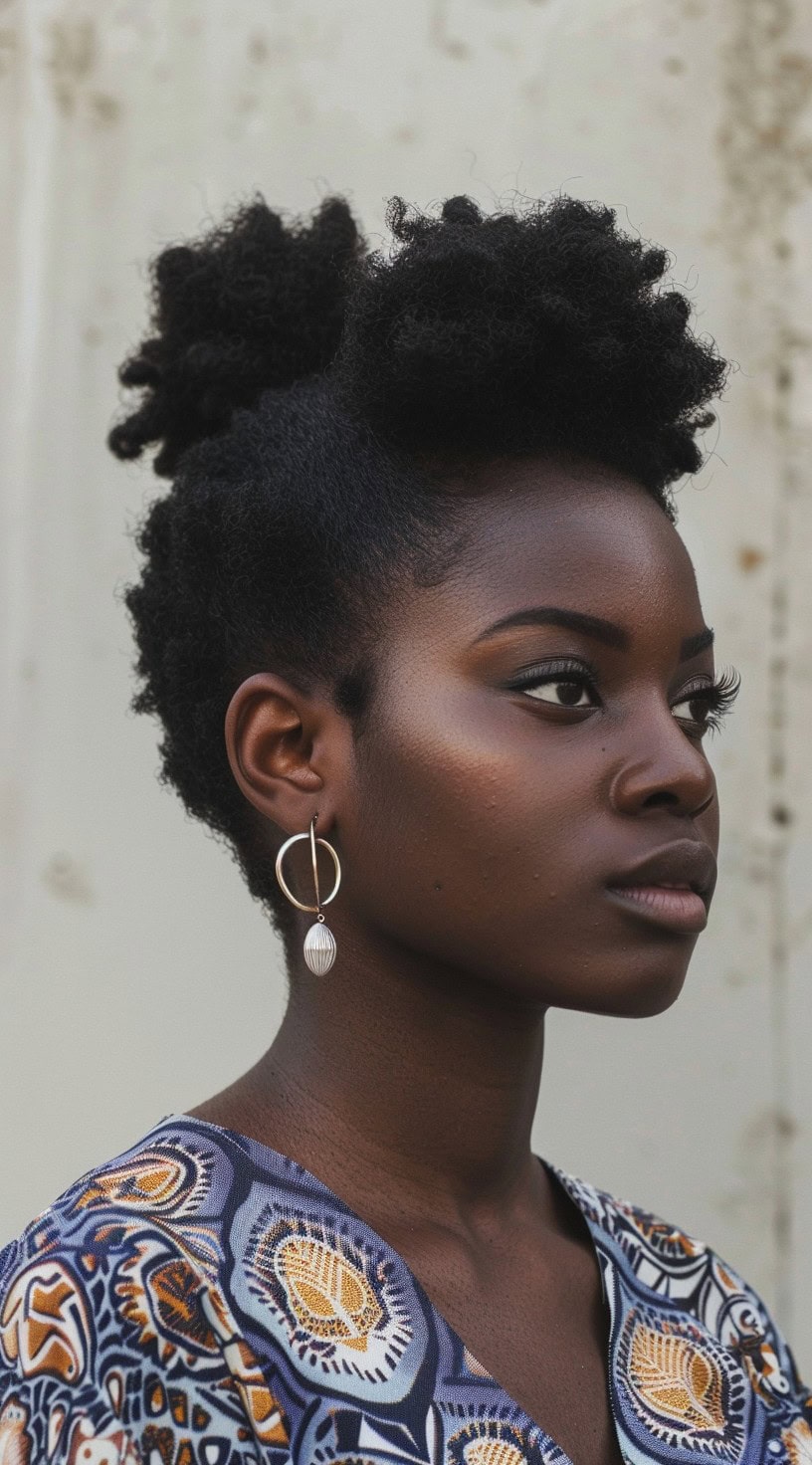 A woman with a short puff ponytail with the top section of hair raised.