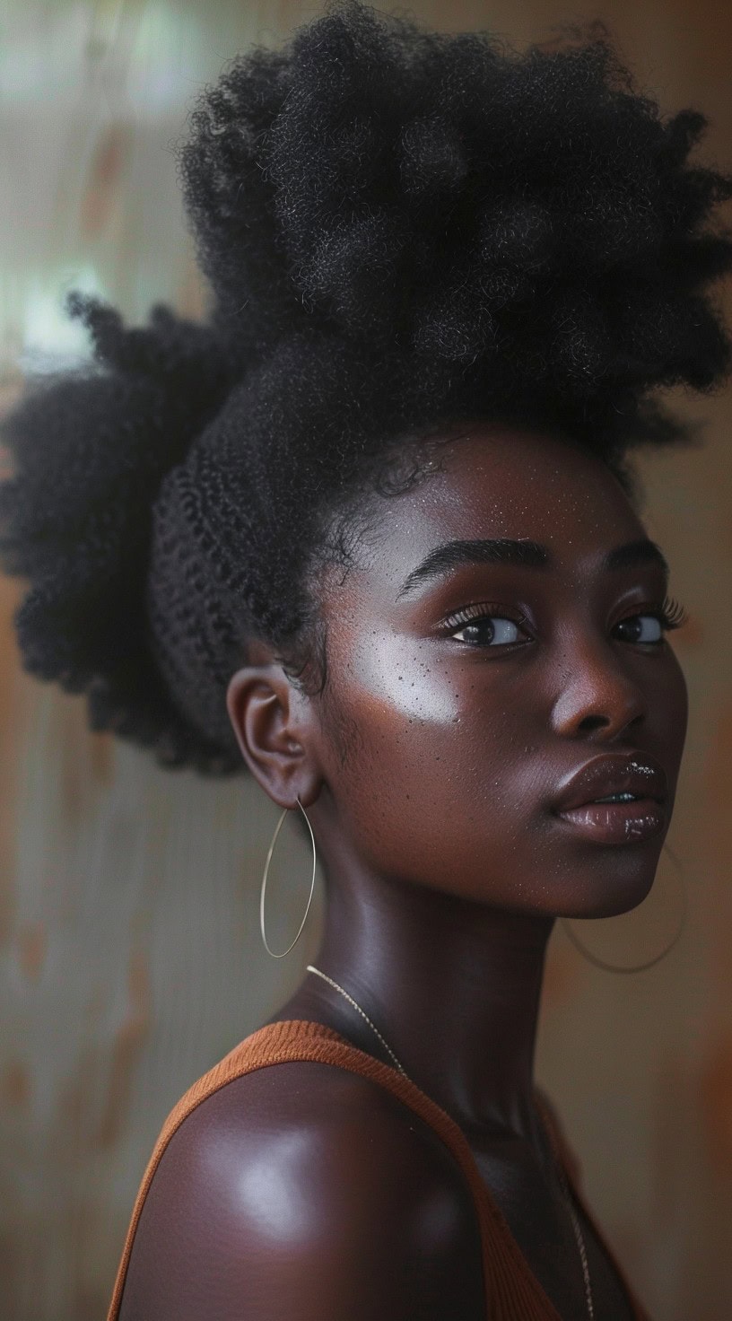 In this photo, a woman with a short puff ponytail and a voluminous raised top.