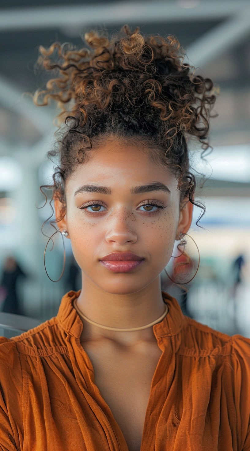 This photo shows a woman with a high puffy ponytail.