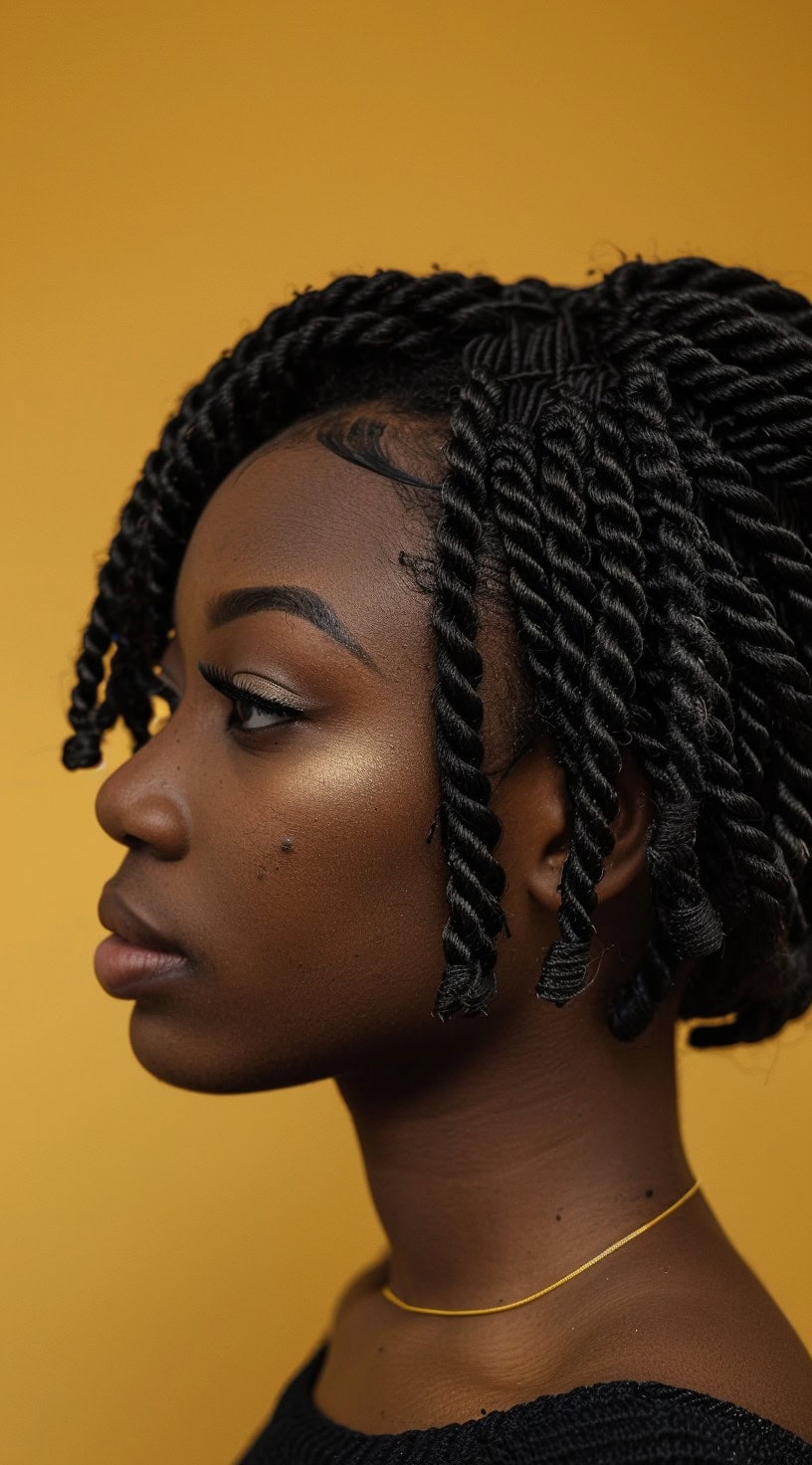 This image shows a woman with a stylish short bob featuring Senegalese crochet twists.