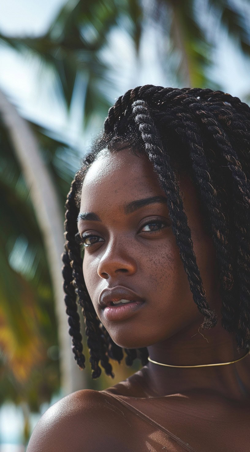 In the photo, a woman with short Senegalese twists stands against a backdrop of palm trees.