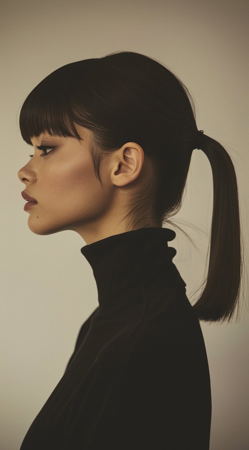 A woman with a short, sleek ponytail and choppy bangs, wearing a black turtleneck.