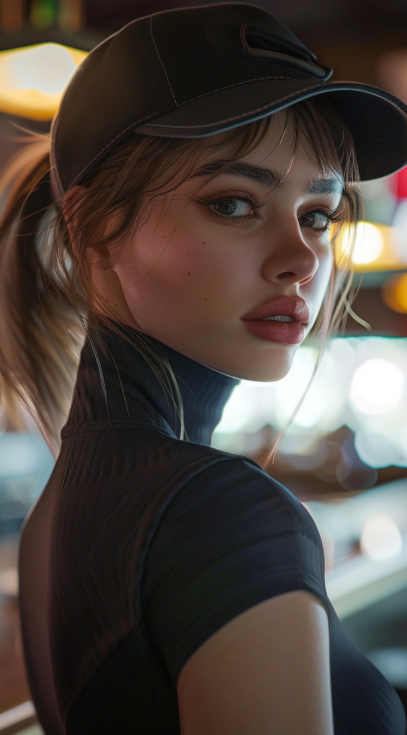 Close-up of a woman with a short sleek ponytail, wispy bangs, and framing tendrils, wearing a black baseball cap.