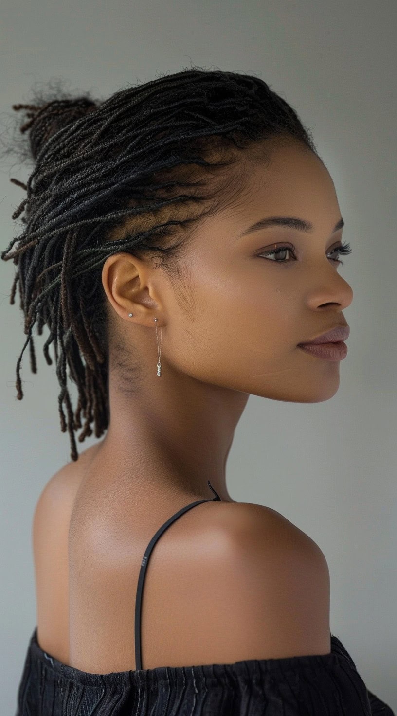 In this photo, a woman with thin locs styled in a slicked-back half-up, half-down look poses side-profile.