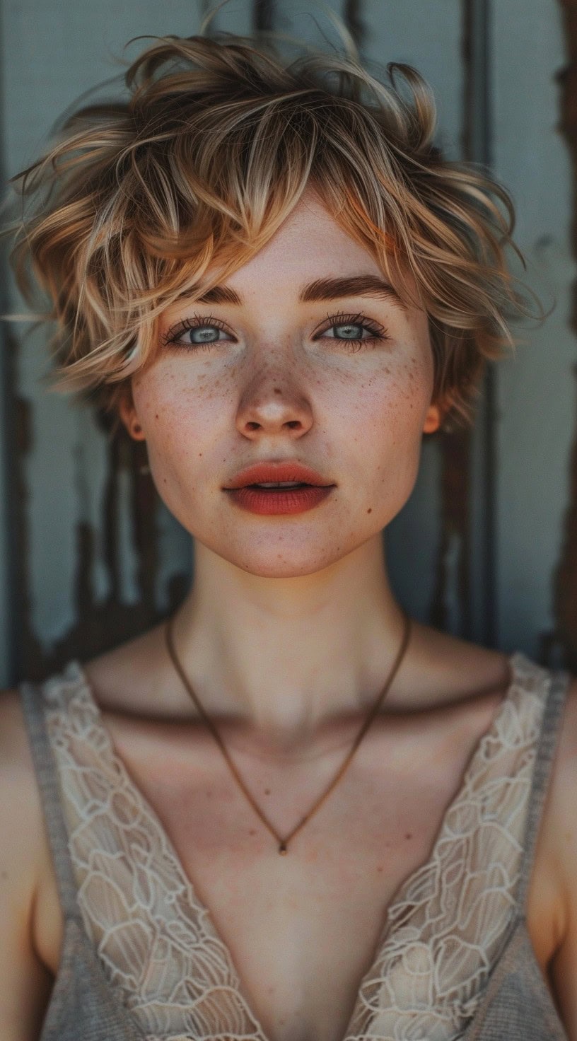 Close-up view of a woman with a short, tousled pixie cut and textured waves.