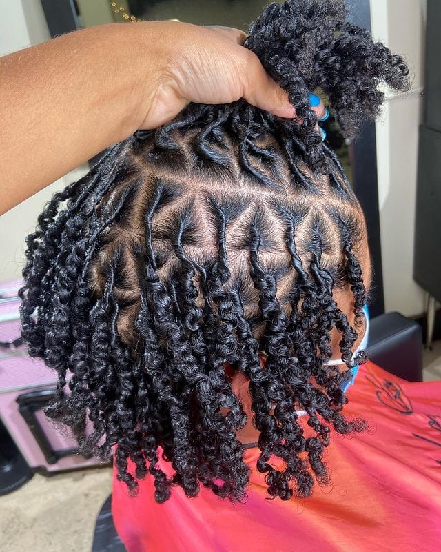 A person holding up their hair to show short two-strand twist starter locs with triangle partings.