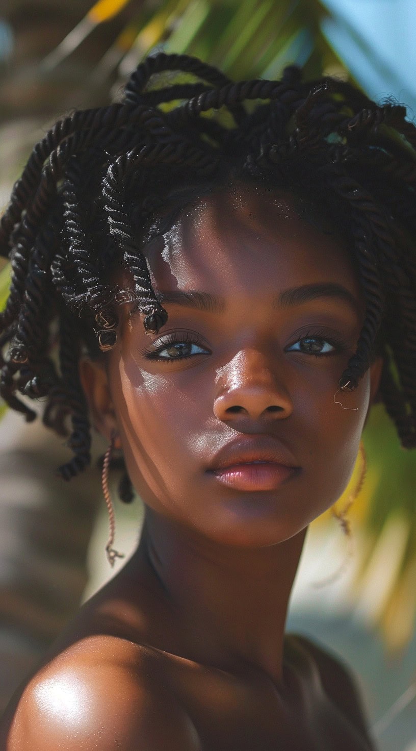 In the photo, a woman with a short twist-out hairstyle poses by the beach.