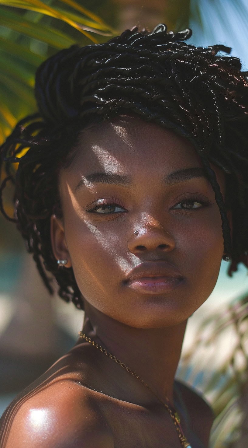 A woman with short two-strand twists standing under palm trees, showcasing a natural and elegant look.