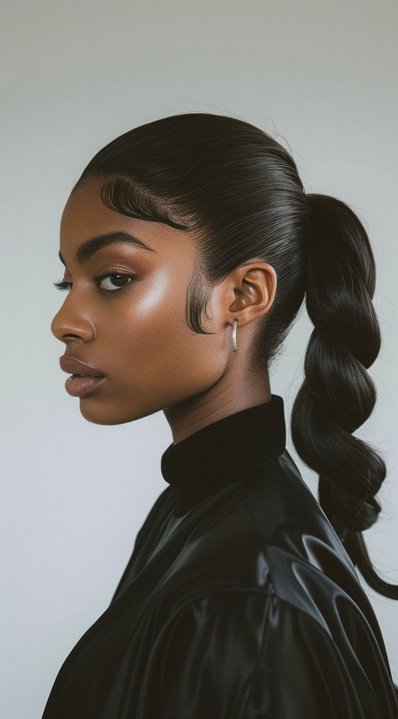 A woman with a short, sleek ponytail styled into a voluminous rope, wearing a black top.