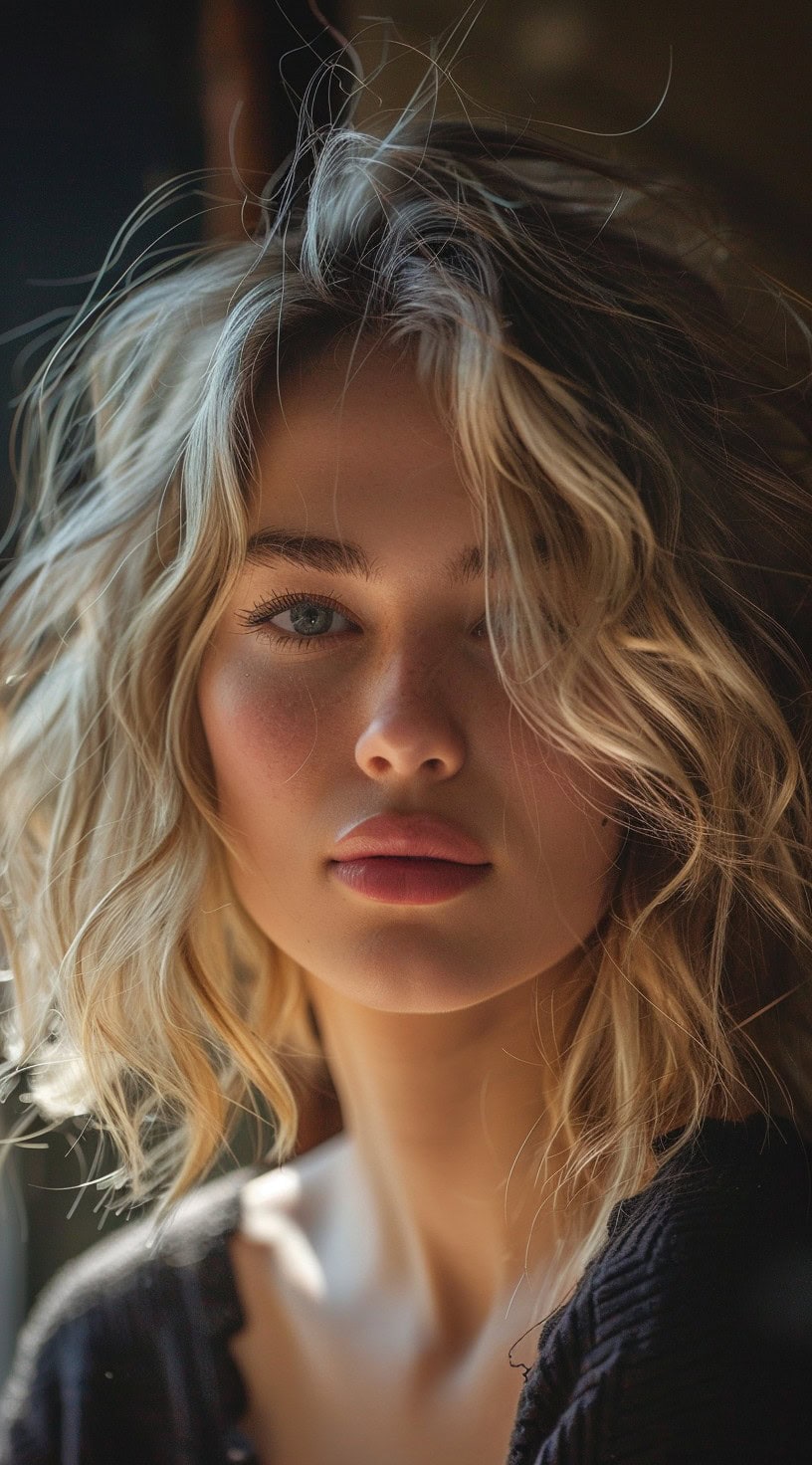 Close-up view of a woman with a short, wavy bob and subtle highlights.