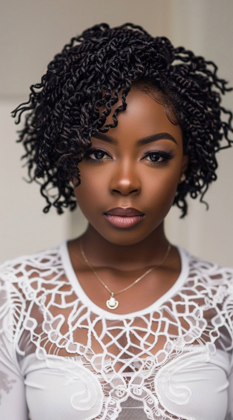 Young woman with short wavy crochet twists, set against a soft, neutral background, wearing a stylish white lace top.