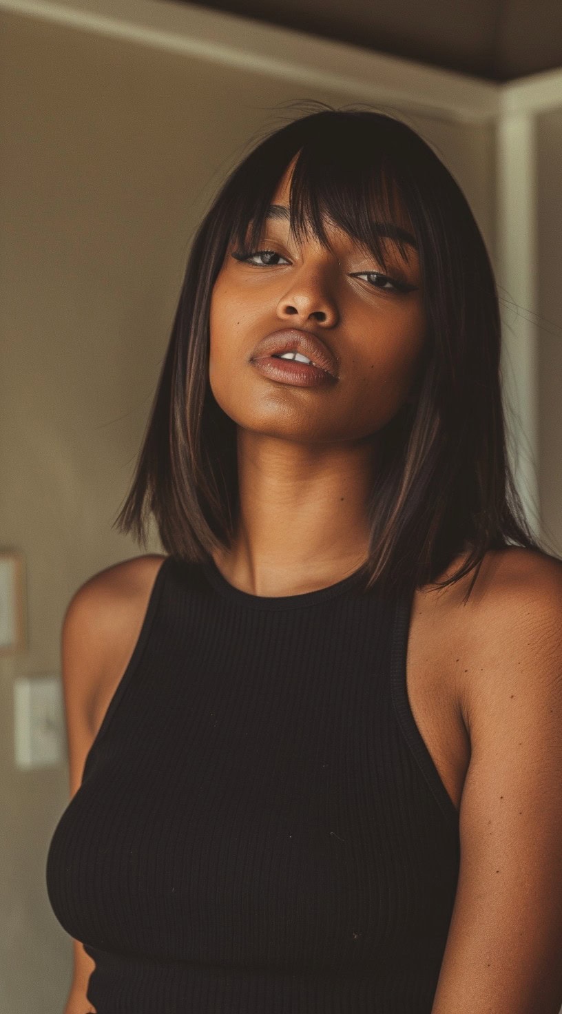 Front view of a woman with a shoulder-length bob haircut and full bangs, wearing a black tank top.