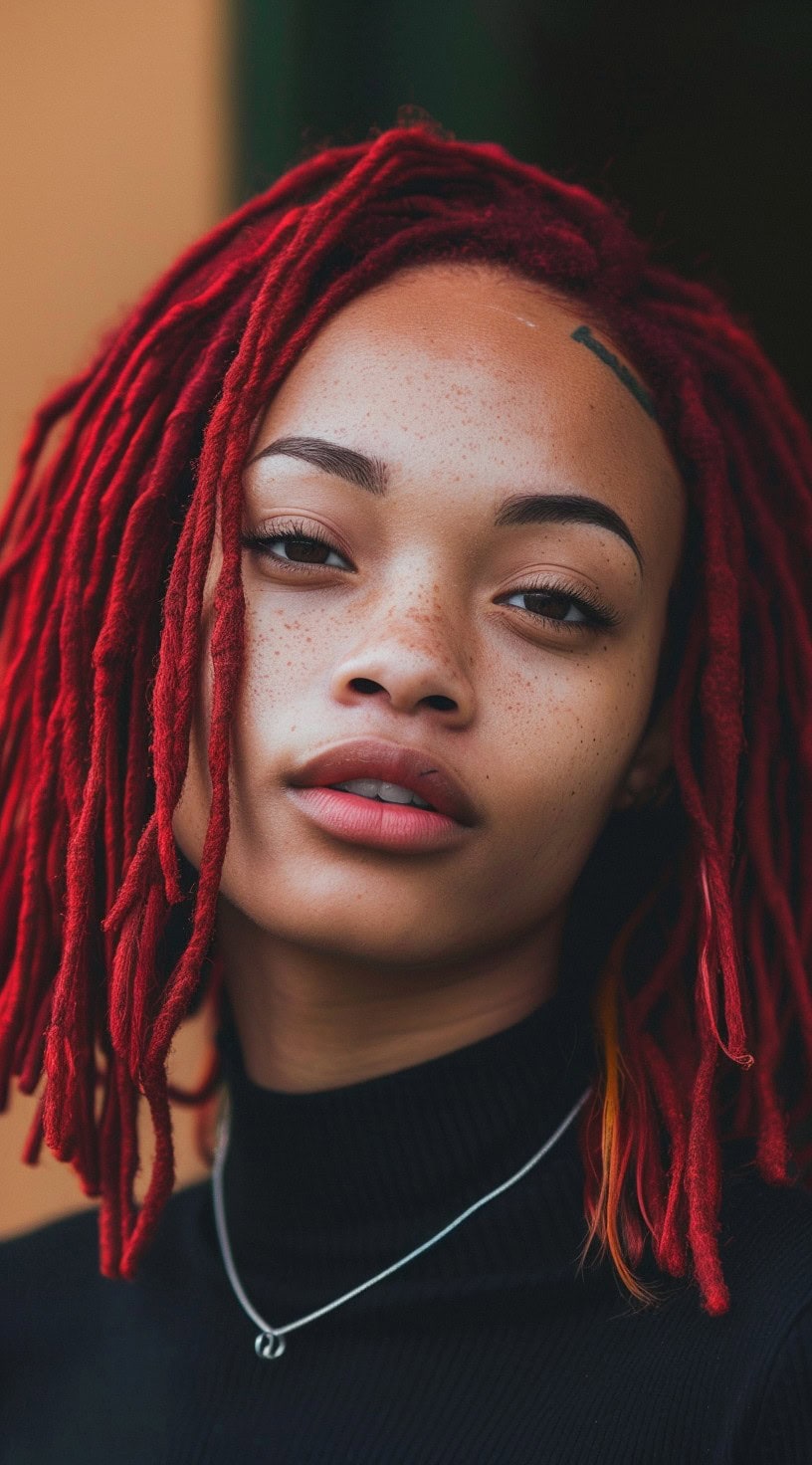 In the photo, a woman with red shoulder-length locs styled into a bob is shown.