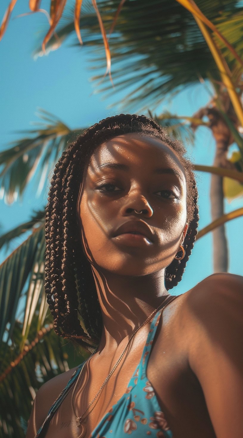 In the photo, a woman with shoulder-length micro braids poses under palm trees.