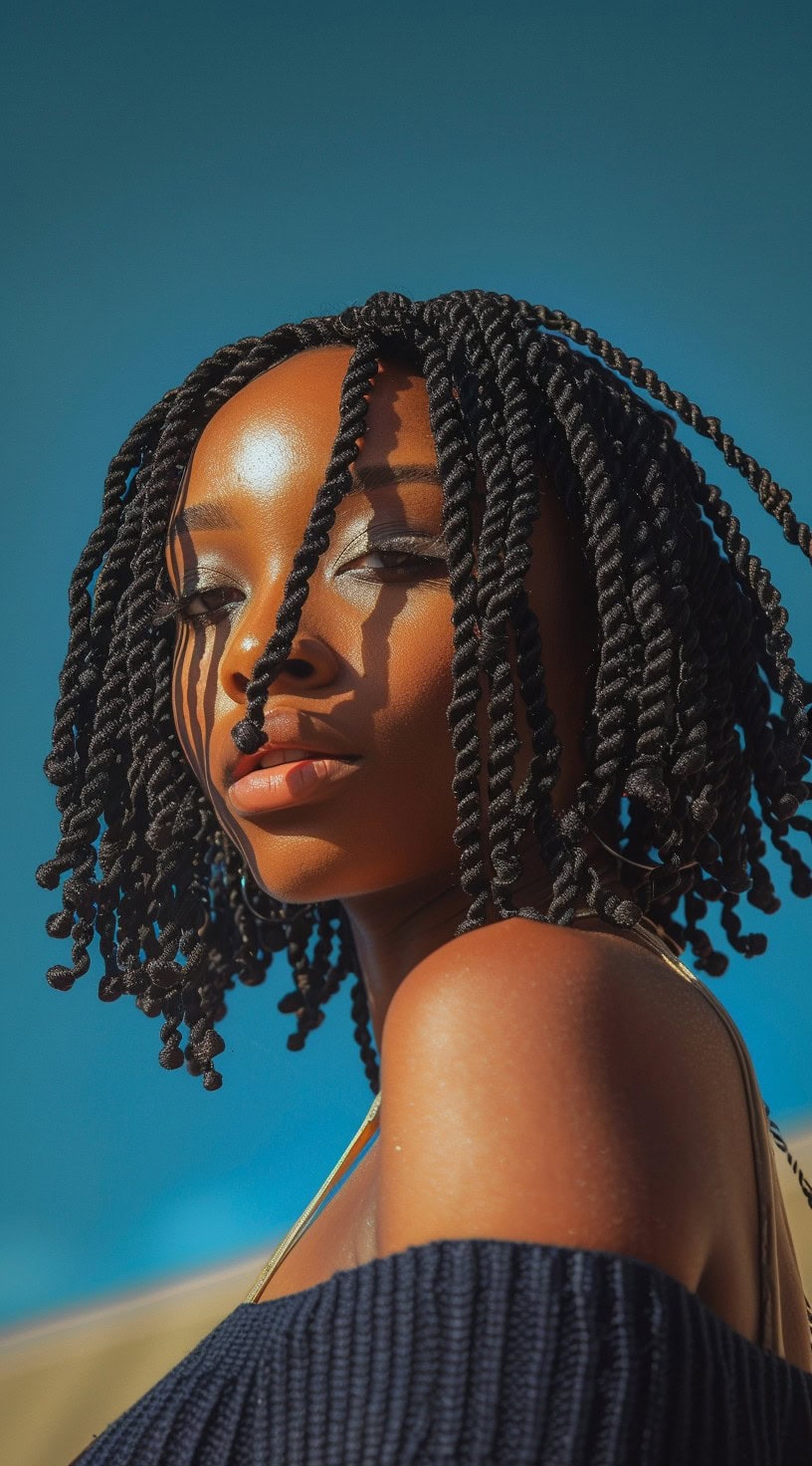 This photo depicts a woman with shoulder-length Senegalese crochet twists.