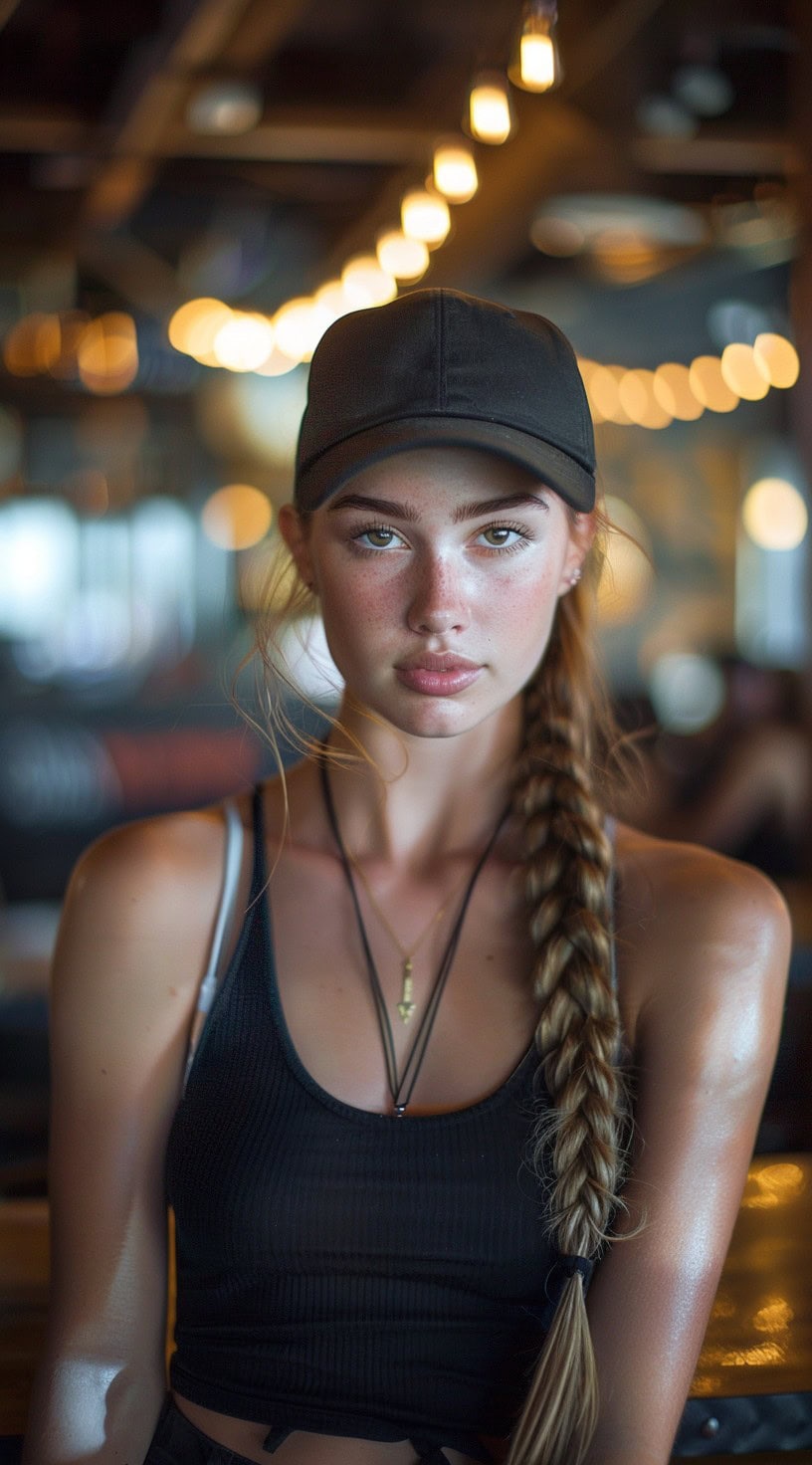 Portrait of a woman with a side braid, wearing a black baseball cap in a dimly lit environment.