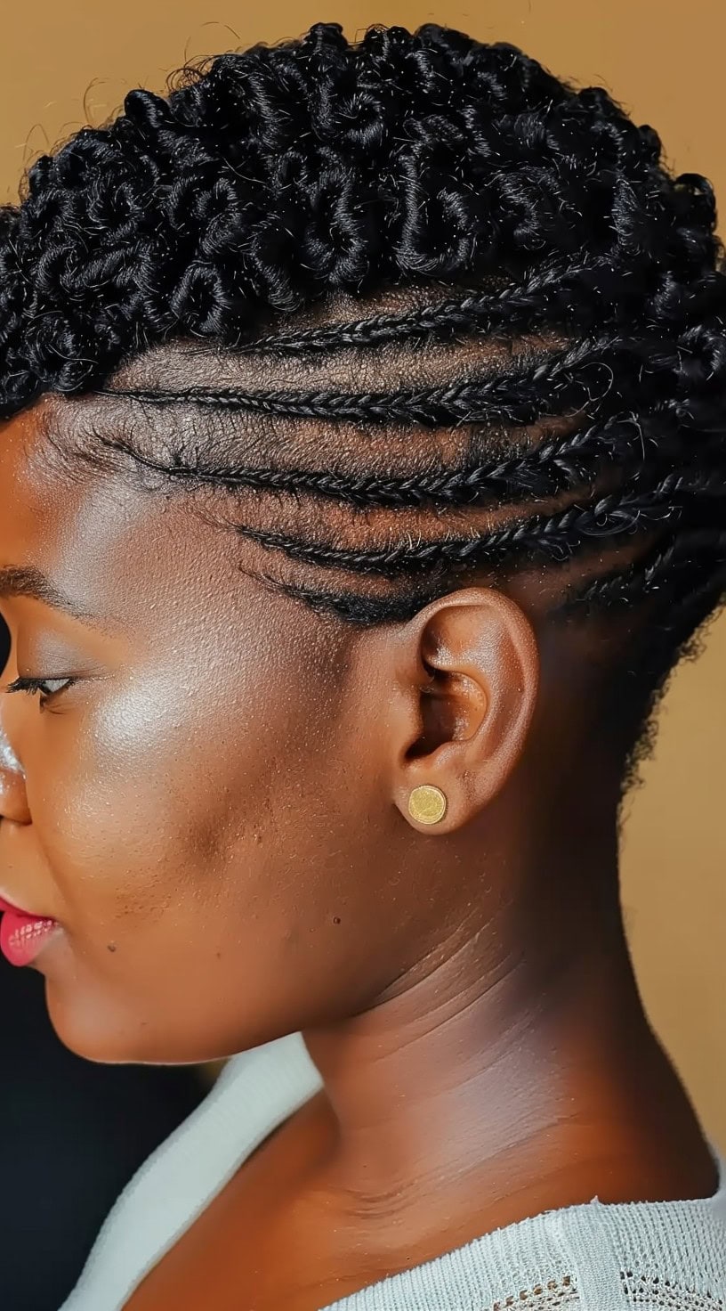 In this photo, a woman with 4c hair styled into side cornrows transitioning into twists is shown.