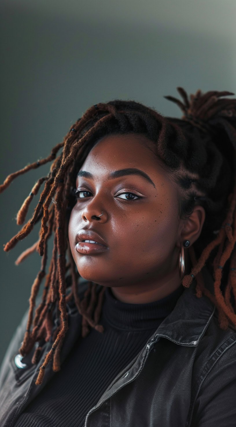 This image shows a black woman with locs styled into side bangs and a high updo, combining elegance with an edgy look.