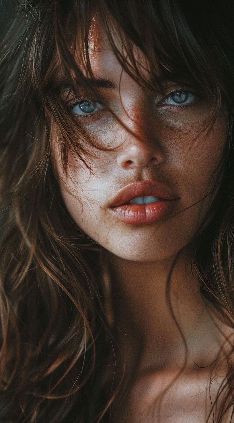 Close-up of a woman with side-parted bottleneck bangs and long layered waves, exuding elegance and sophistication.