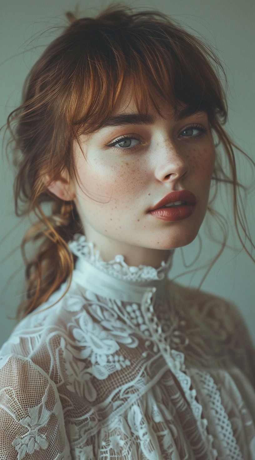 Close-up of a woman with side-parted bottleneck bangs and a low messy ponytail, creating a relaxed yet elegant look.