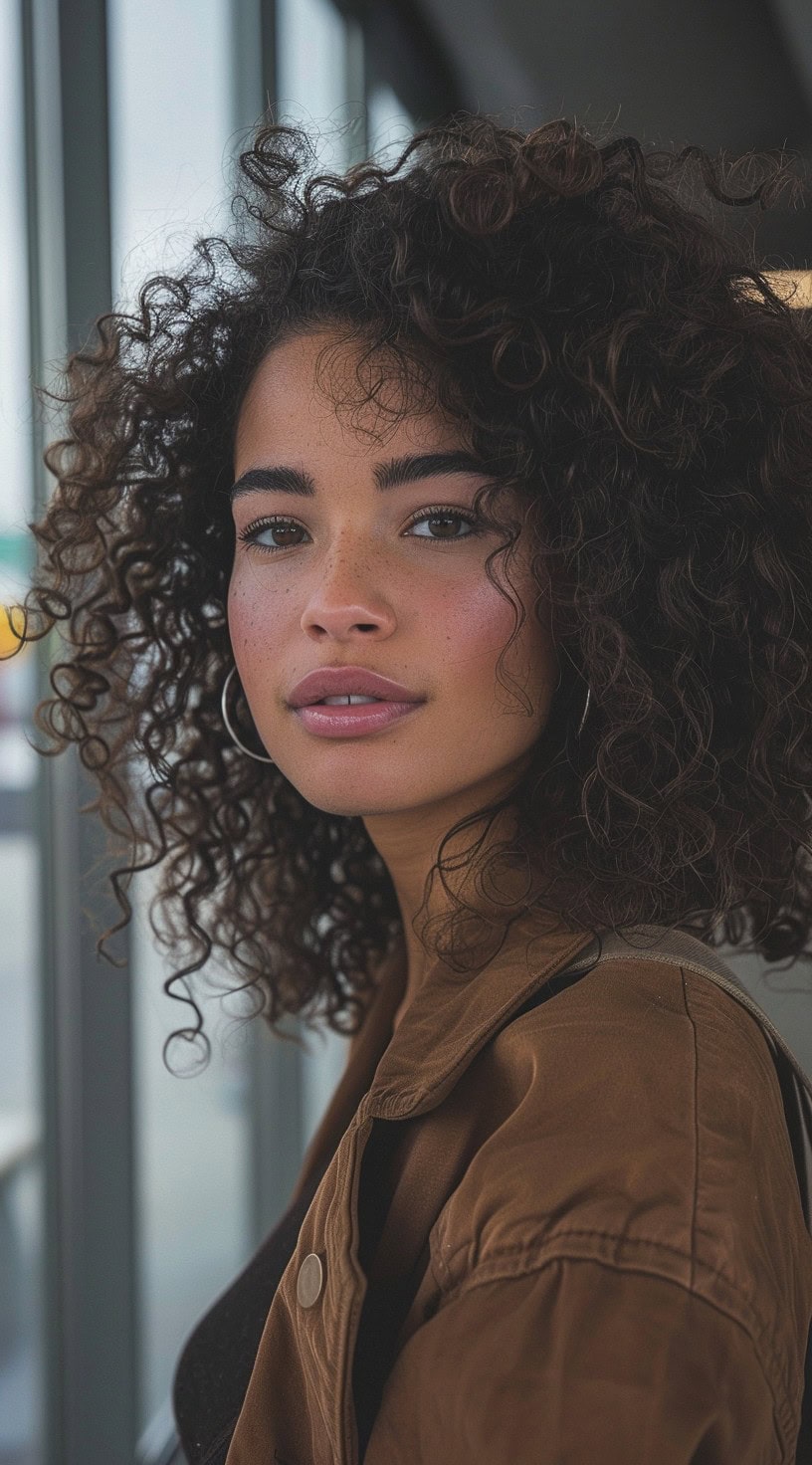 This photo shows a woman with curly hair parted to the side.