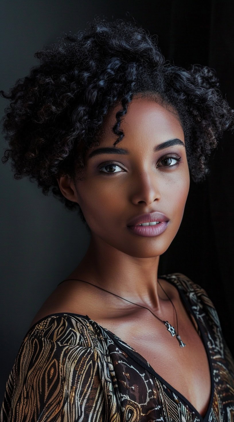 In this photo, a woman with 4c hair styled into defined curls with a side part is shown.