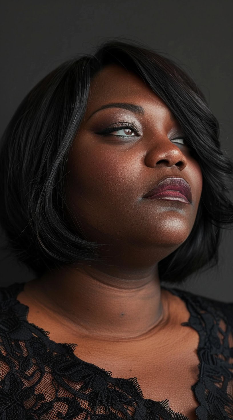 This image shows a black woman with a side-parted soft bob, featuring feathered side bangs that frame her face beautifully.