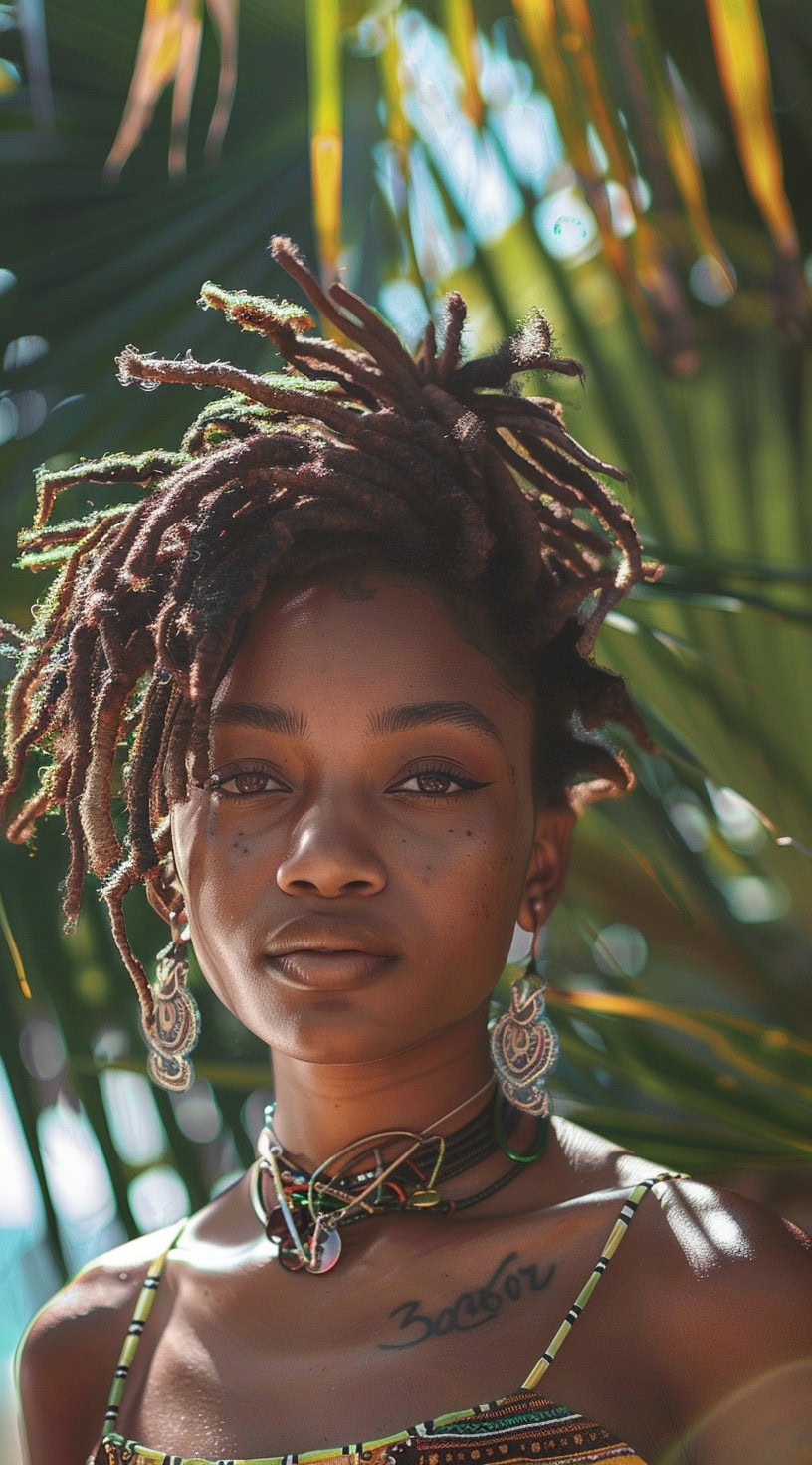 In the photo, a woman with side-swept locs poses in a lush tropical setting.