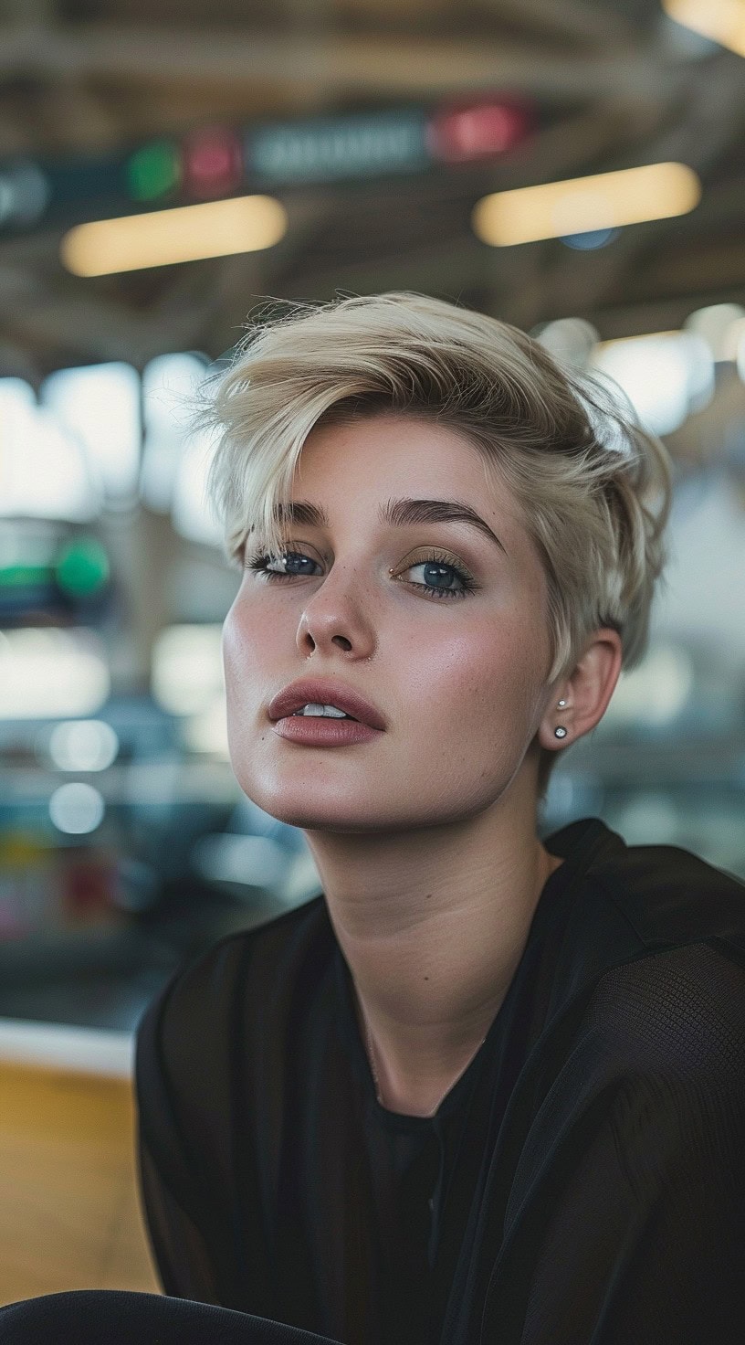 A woman with a side-swept platinum pixie cut sitting in an airport.