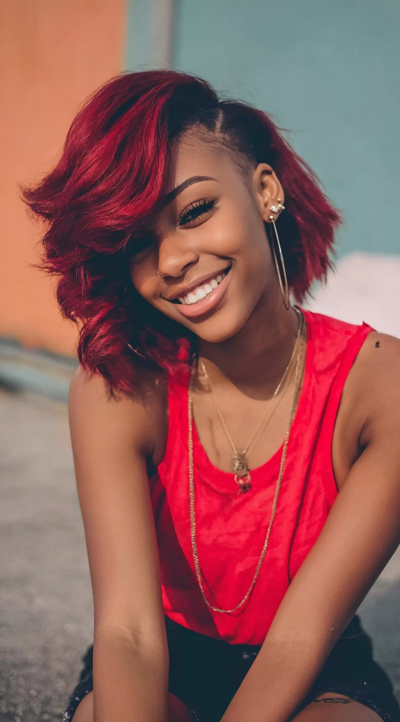 A side-swept red bob with a subtle tapered undercut on one side and textured ends.
