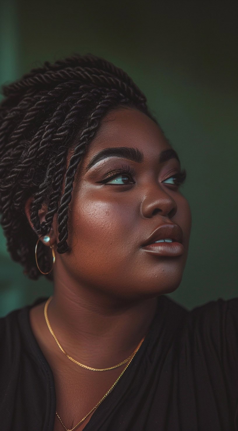 This image shows a black woman with side-swept twists, styled to one side for a chic and modern look.