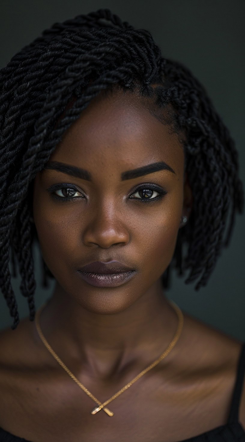 Close-up of a woman with a side-swept two-strand twist bob.