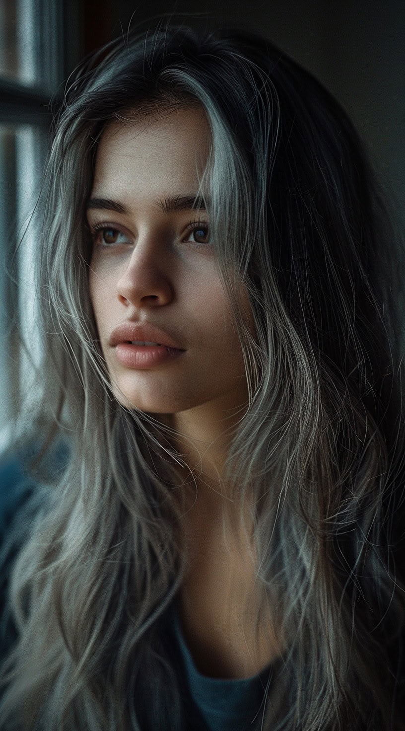 A woman with long, silver-toned hair styled in layers.