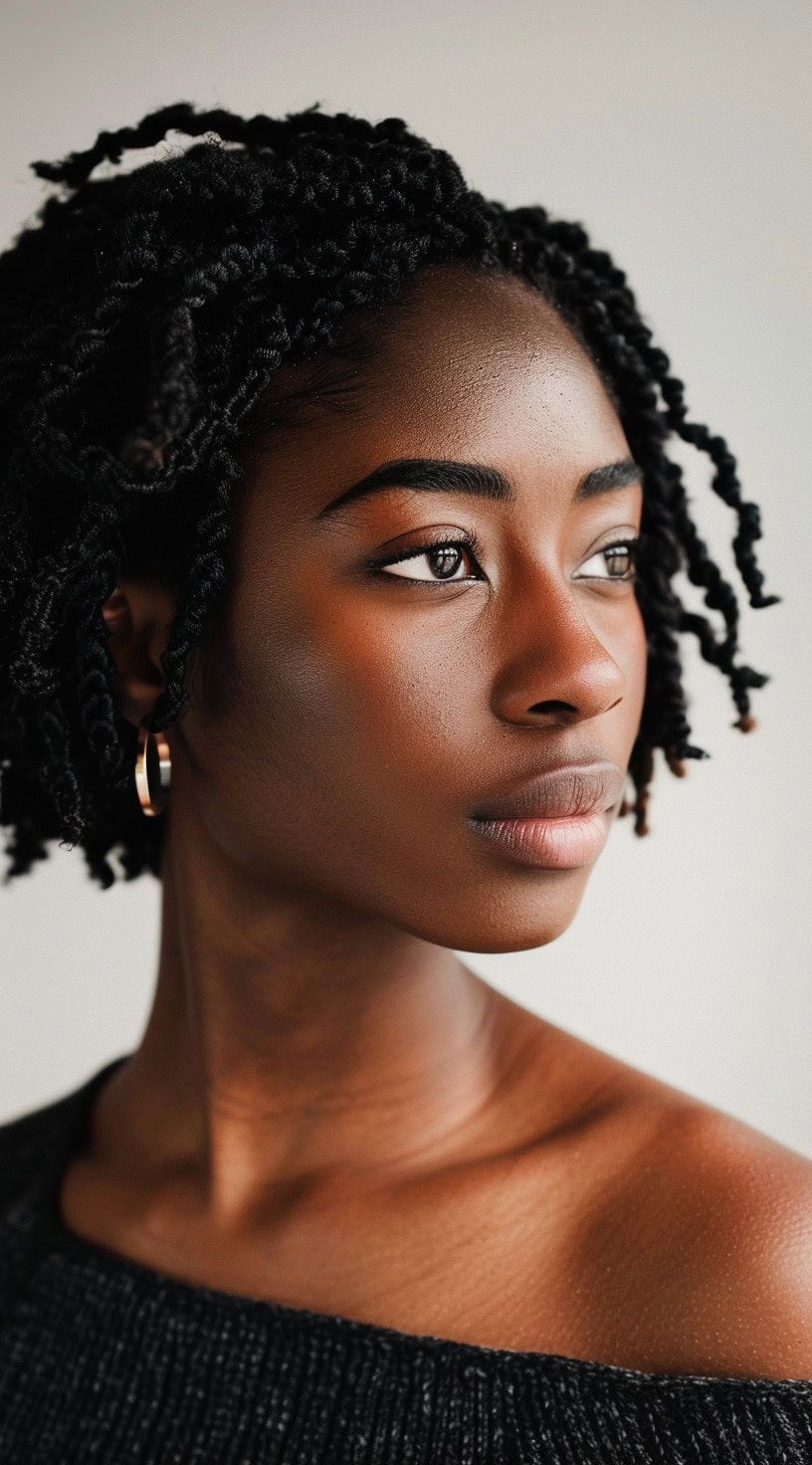 This picture shows a woman with simple yet elegant crochet twists styled to frame her face beautifully.