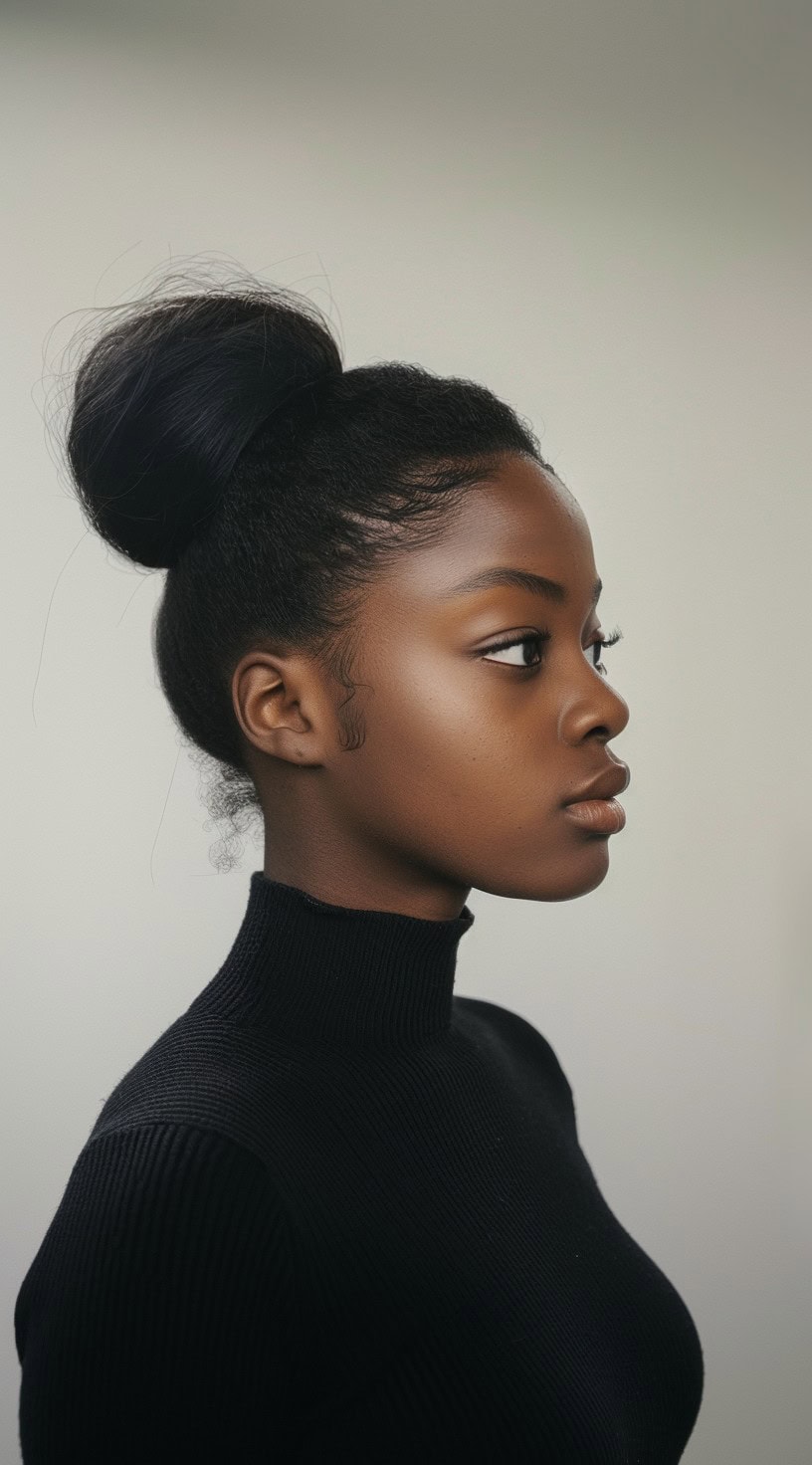 A sleek, high bun styled on a woman in a black turtleneck.