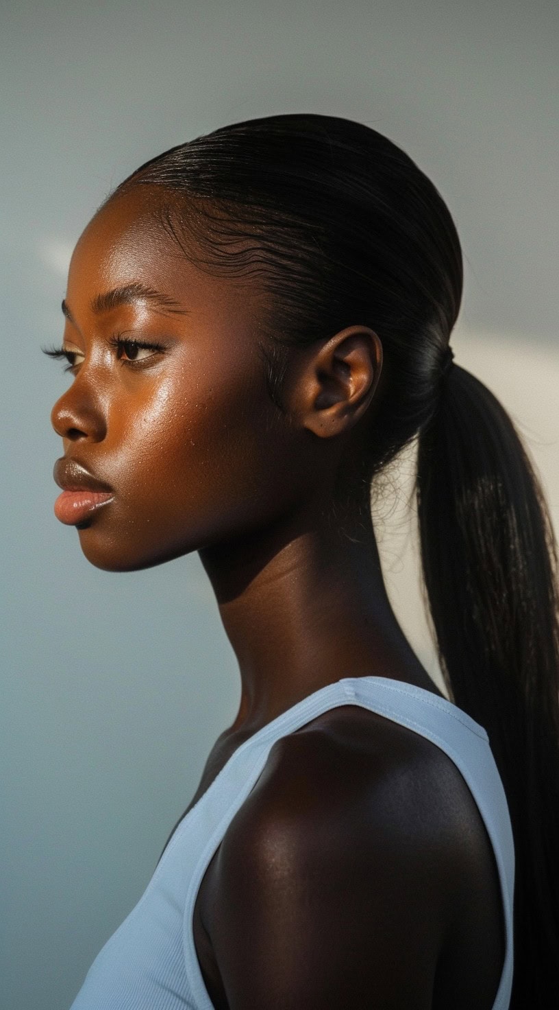 Side profile of a woman with a simple low ponytail.