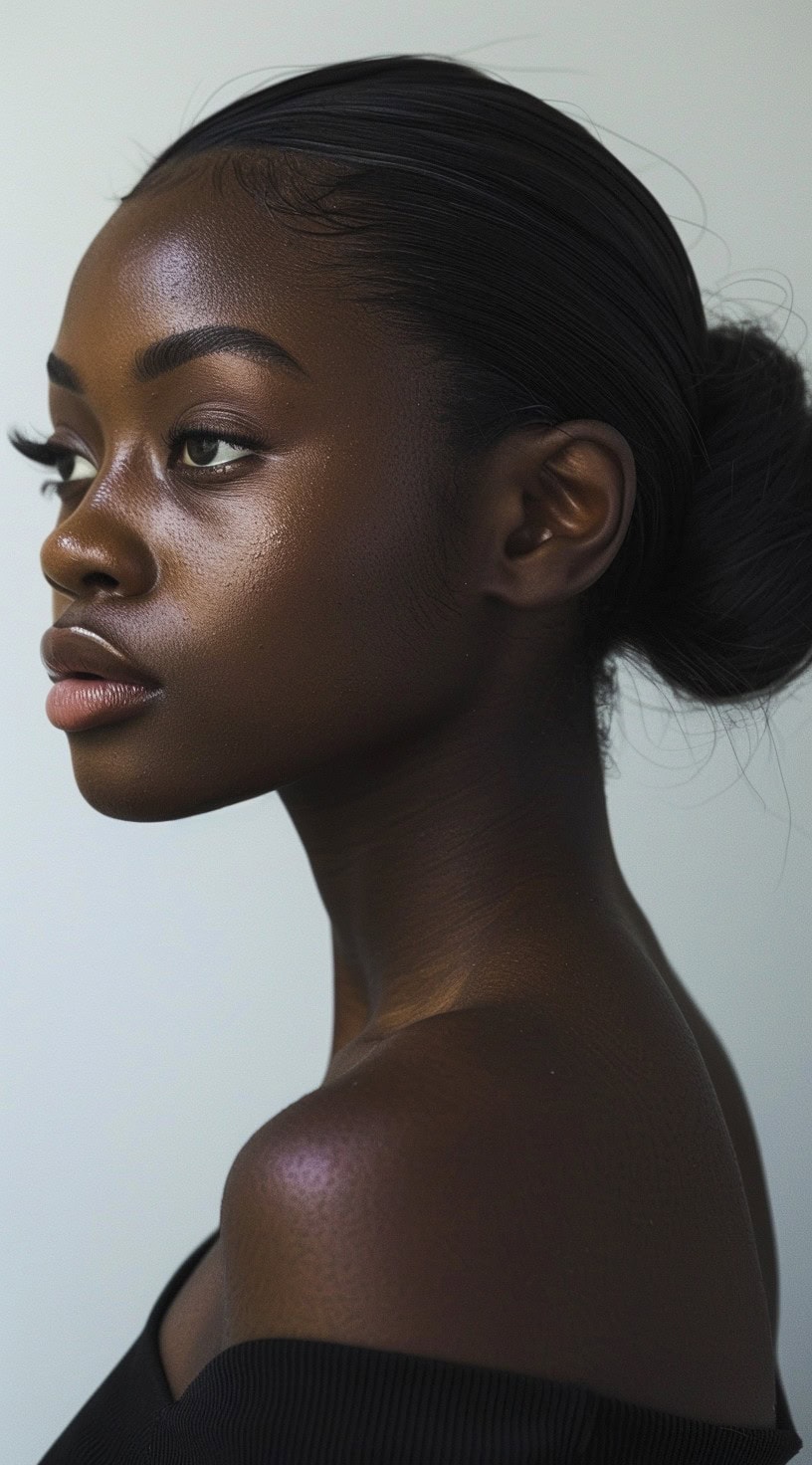 Side profile of a woman with a simple low bun.