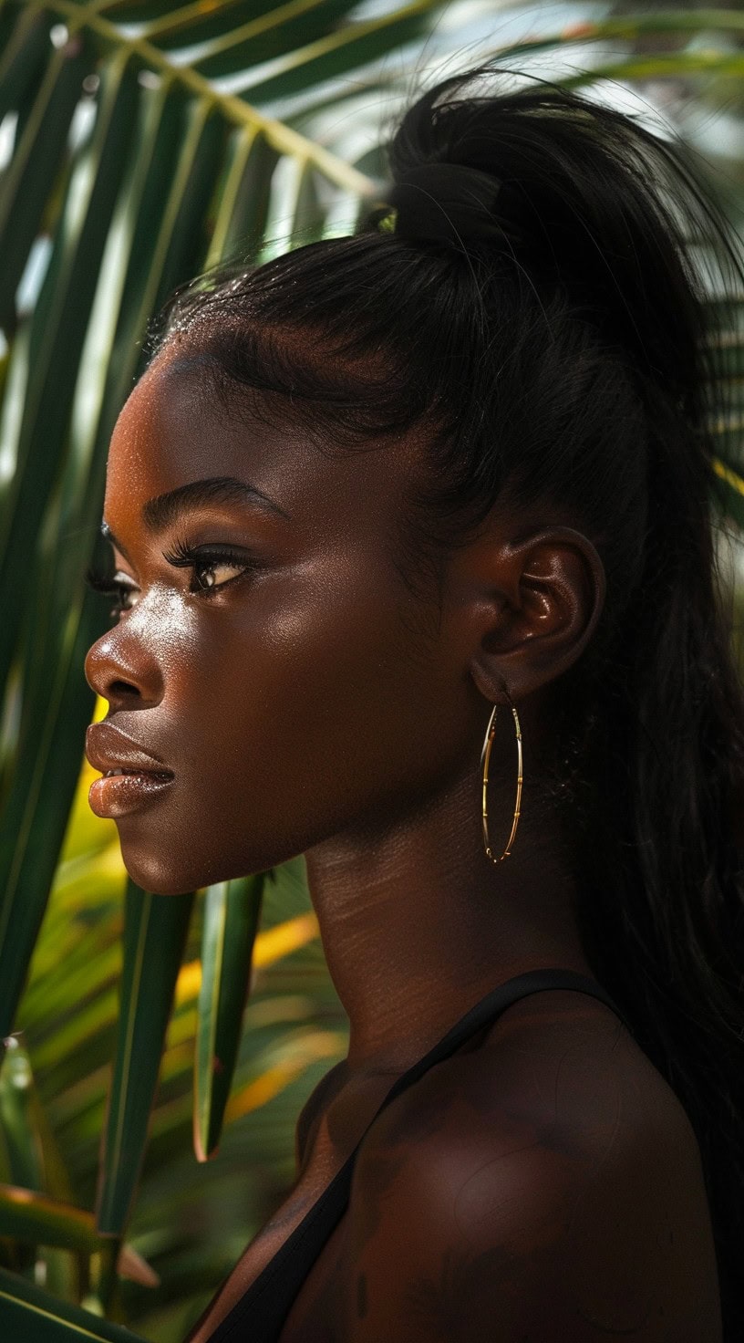 In the photo, a woman with a straight and sleek high ponytail stands among lush greenery.