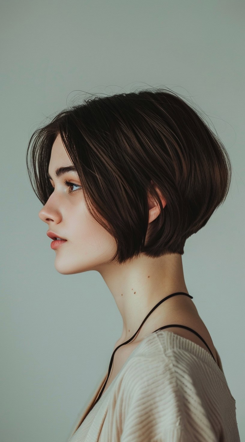 This image shows a side profile of a woman with a sleek and modern stacked bob, with dark, straight hair and a black top.