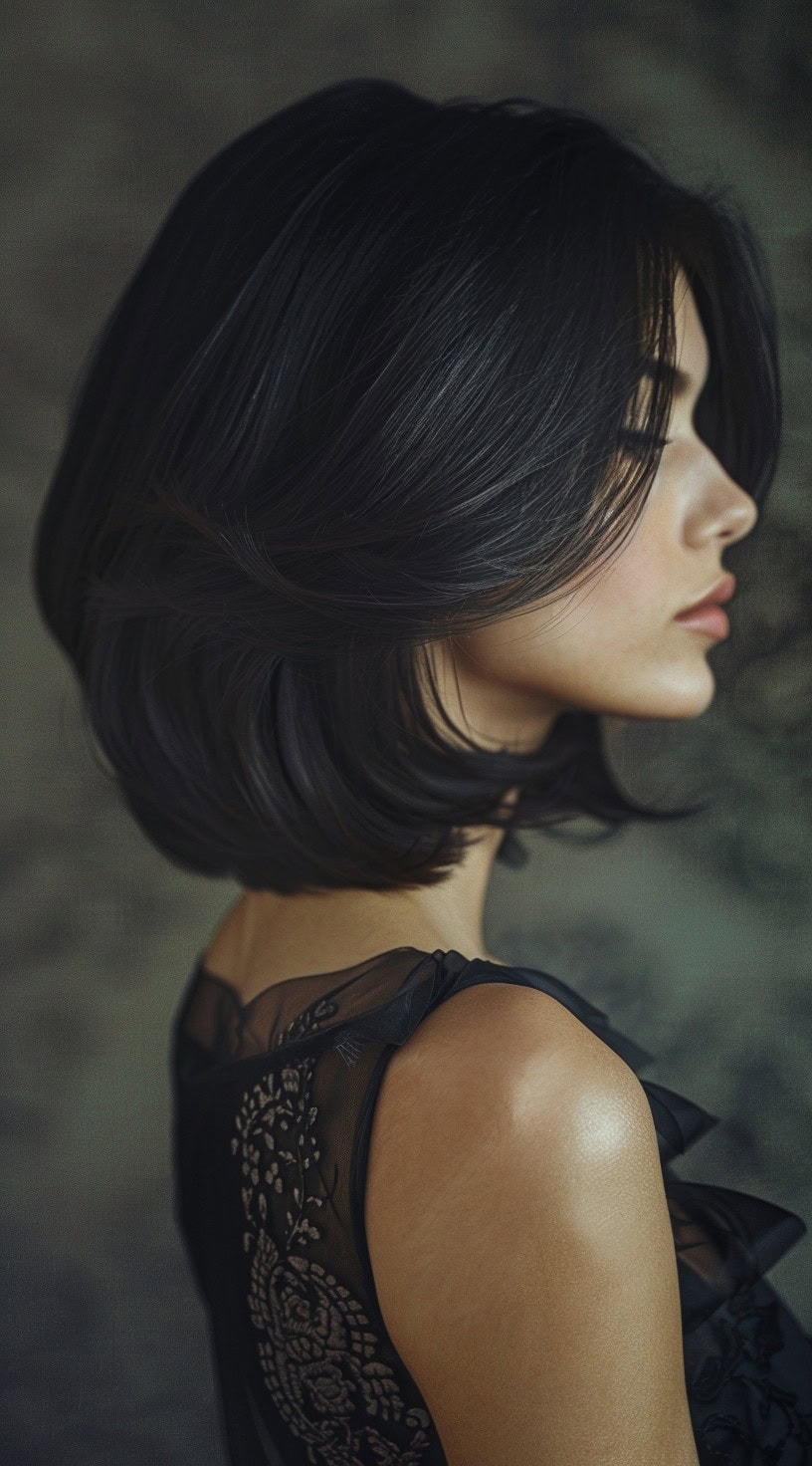 This image shows a side profile of a woman with a sleek and polished stacked bob, featuring dark, shiny hair.