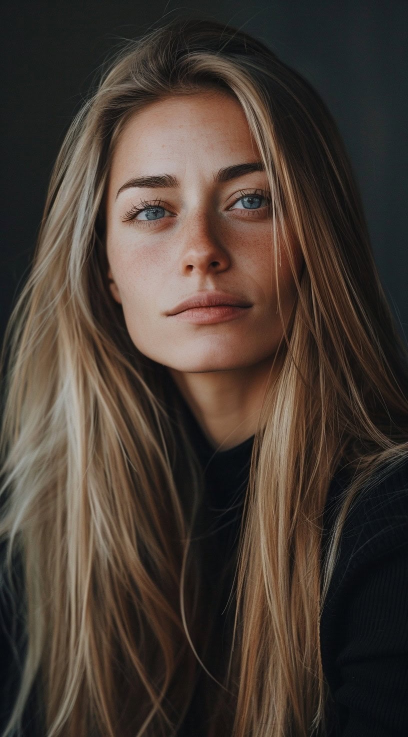 A woman with long, straight blonde hair styled in sleek layers.