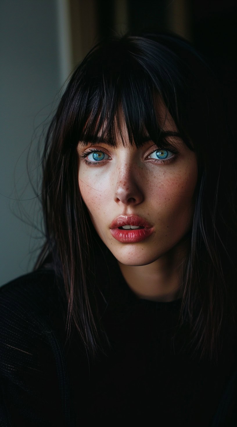 In the photo, a woman with a sleek, straight lob and wispy blunt bangs gazes intensely at the camera.