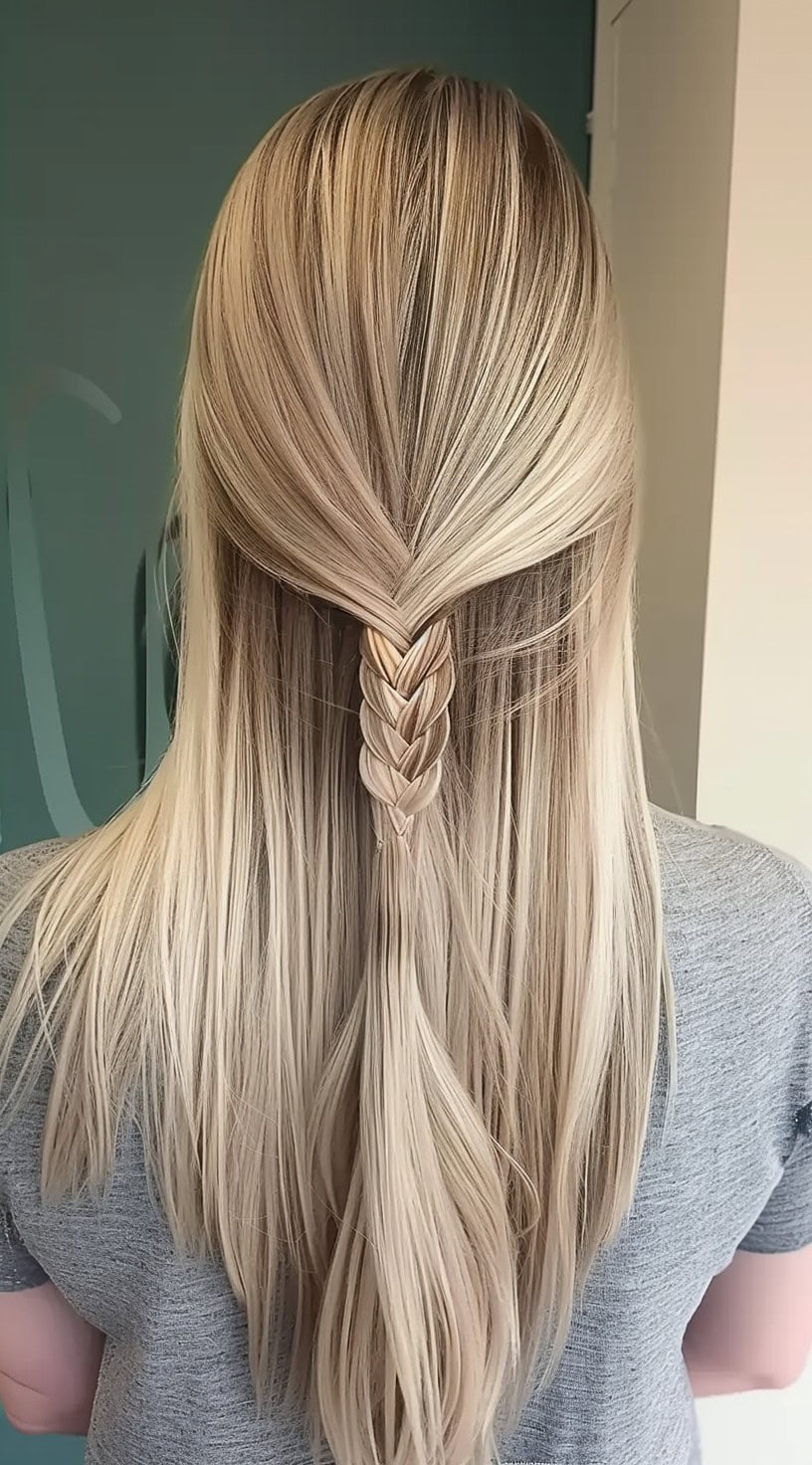 This photo features a half-up hairstyle with a mini fishtail braid on sleek, straight hair.