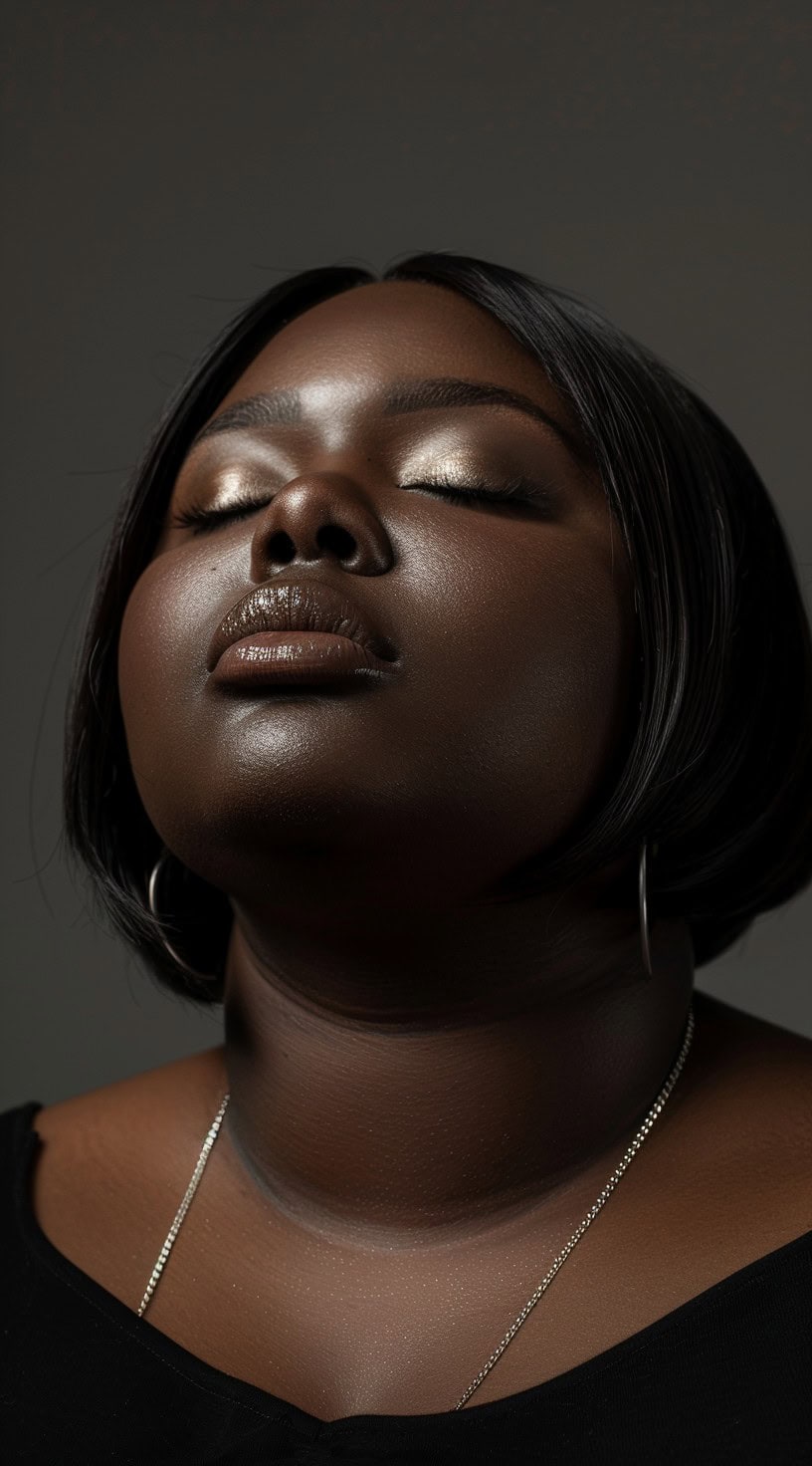 This image shows a black woman with a sleek blunt bob cut, her hair straight and smooth, creating a sharp and modern look.