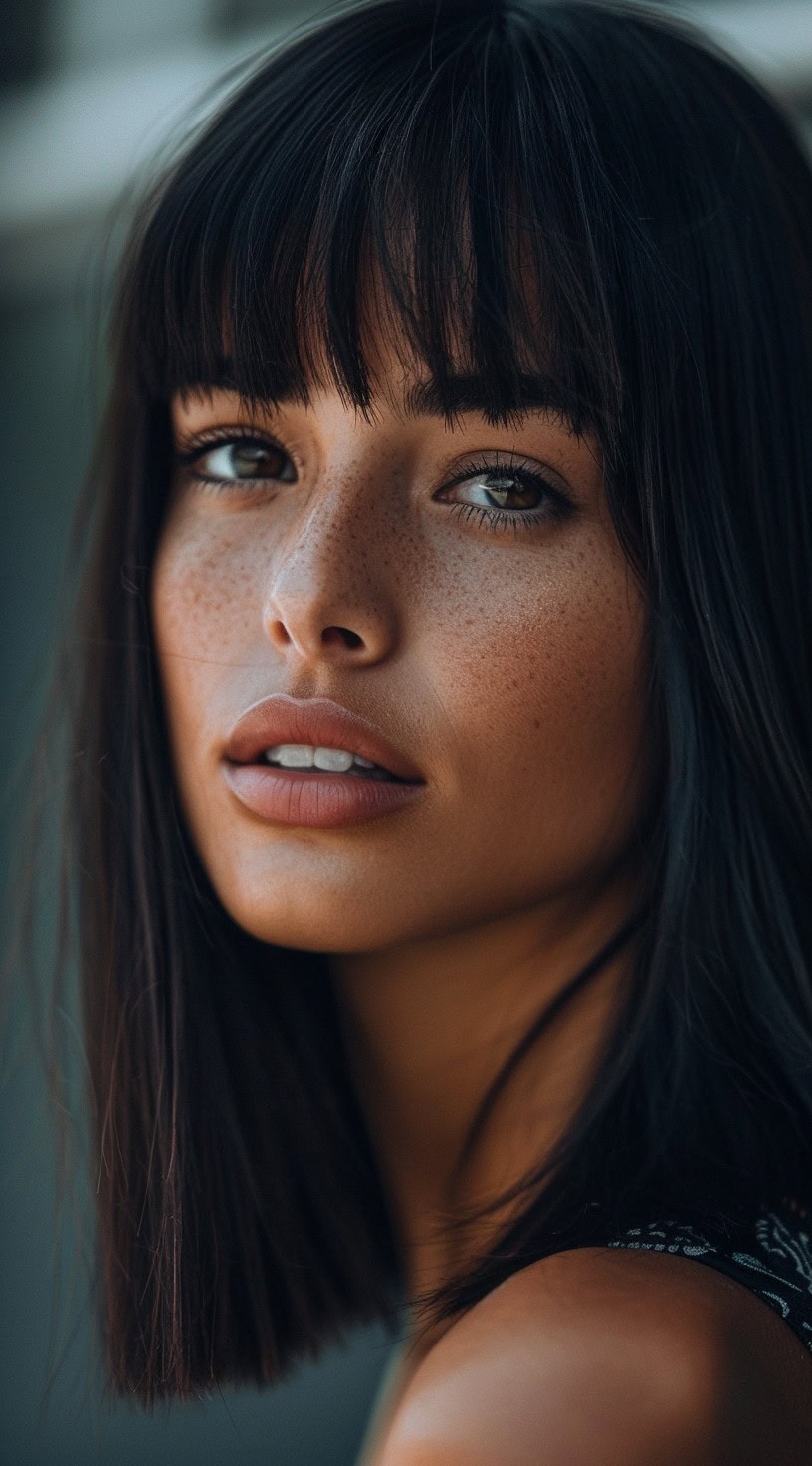 In this photo, a woman with a sleek blunt bob and blunt bangs looks into the camera with confidence.