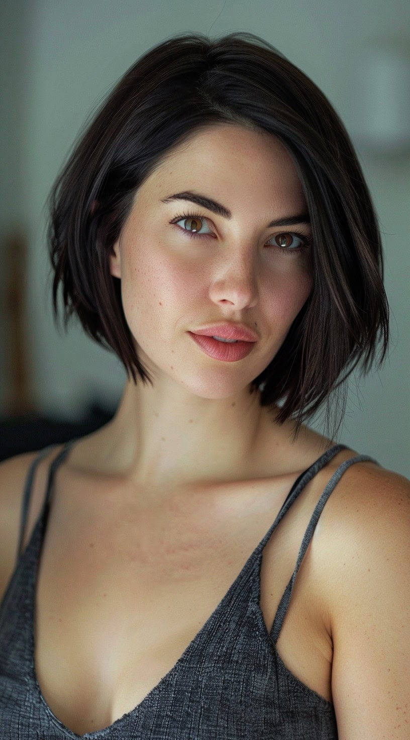 In this photo, a woman with a sleek, chin-length bob and natural makeup looks directly at the camera.