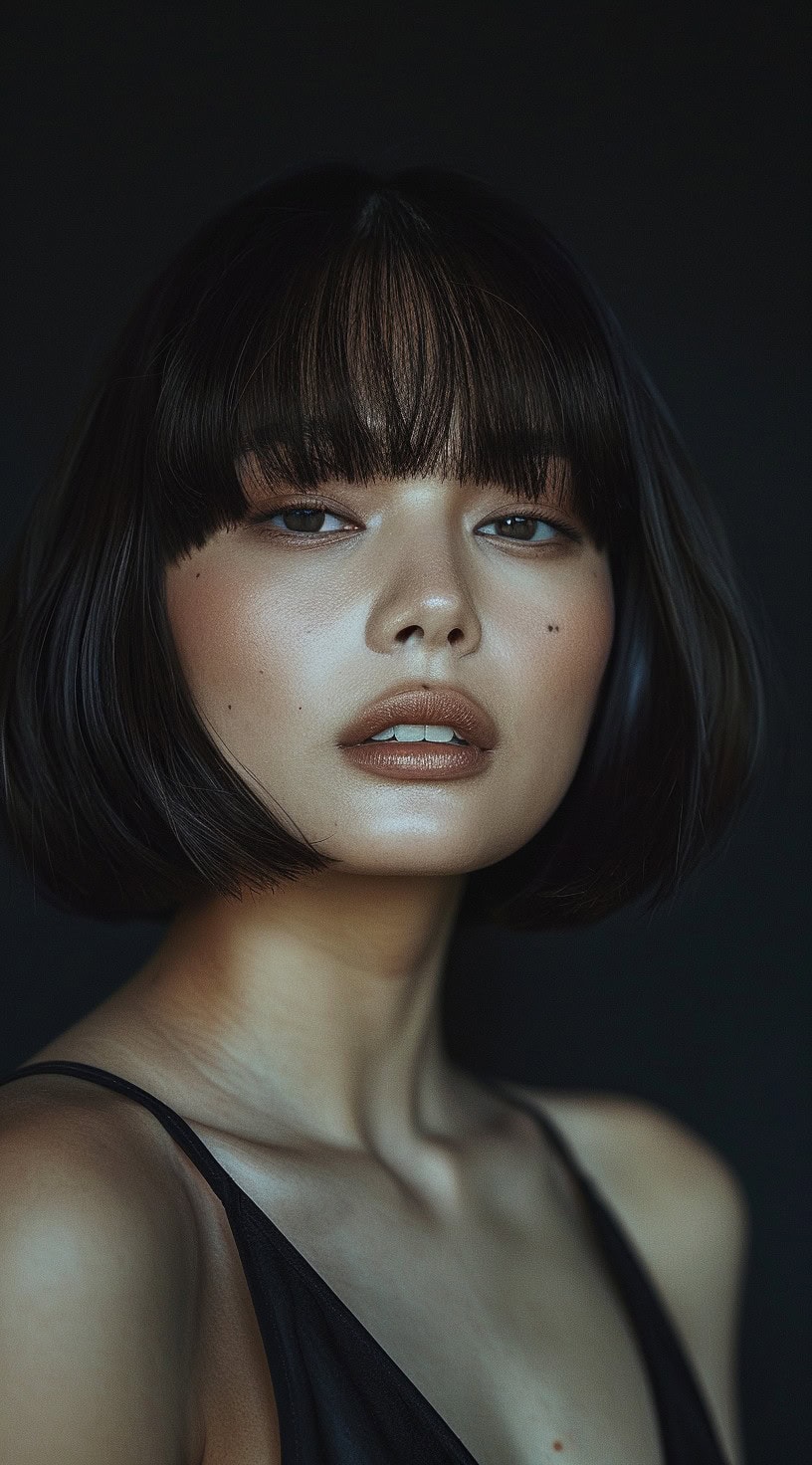 Young woman with a sleek bob and blunt wispy bangs, posing against a dark backdrop.