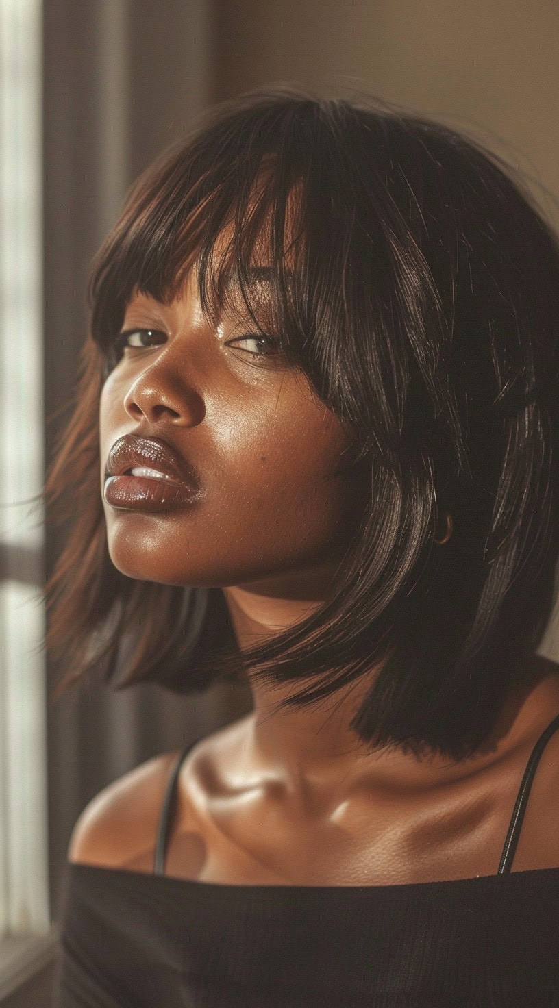 Side view of a woman with a sleek bob haircut and full bangs, wearing a black off-shoulder top.